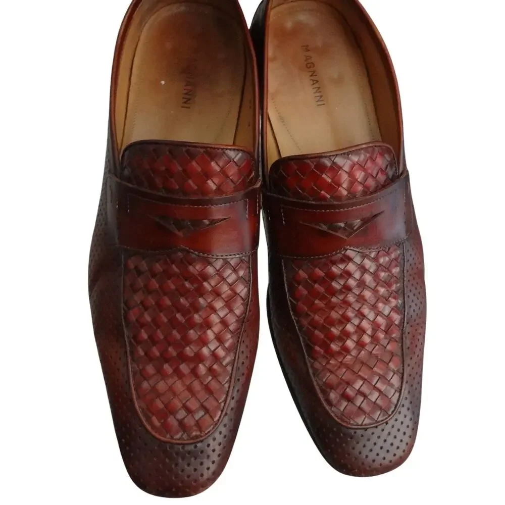 Magnanni Brown Woven Braided Leather Penny Loafers Men 9.5 Spain Perforated Work
